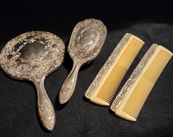 Antique 4 piece Hand Mirror, Brush and Combs