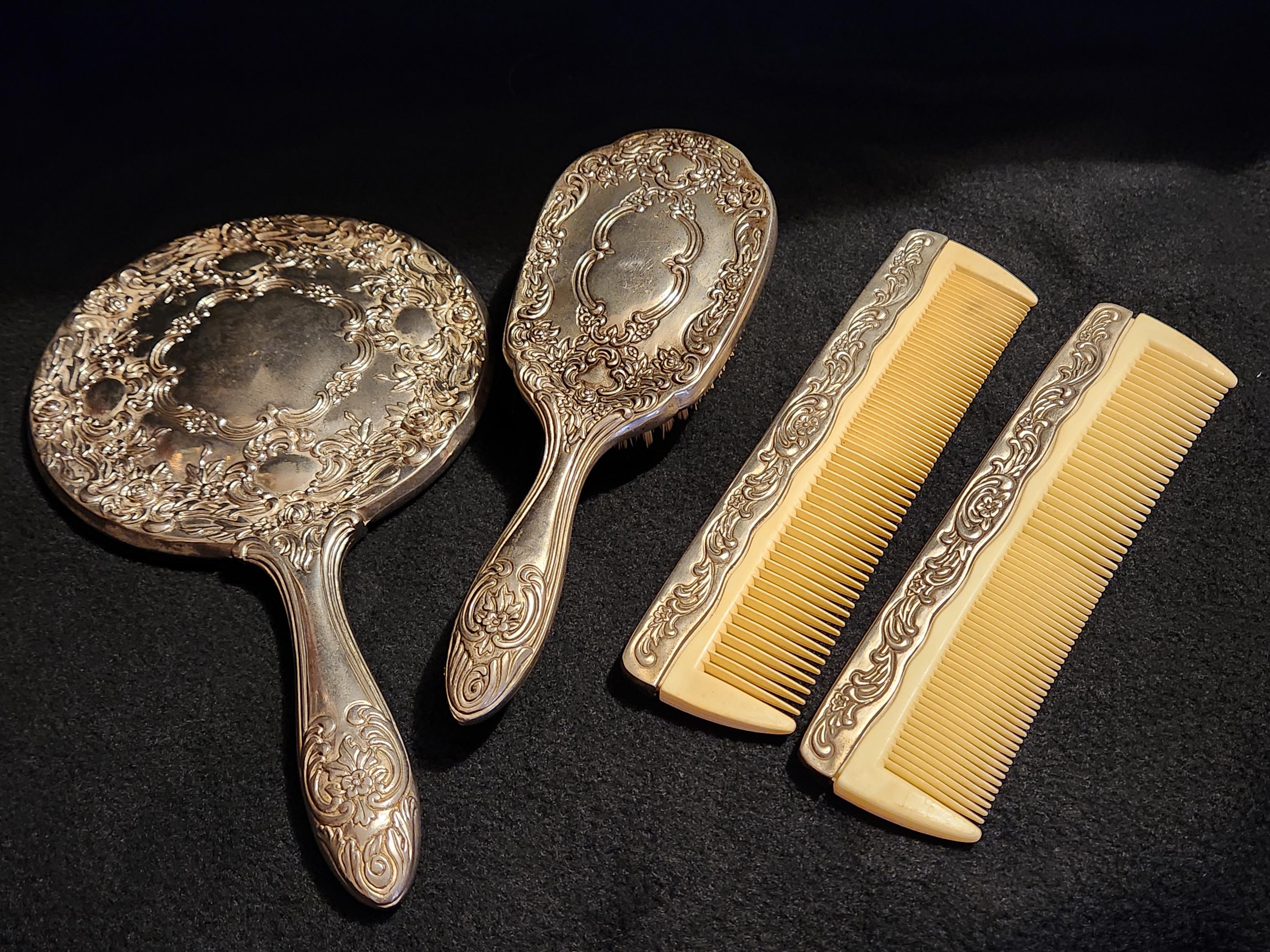 Antique Silver Mirror and Brush Set - Etsy