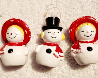 Vintage Ceramic Snowman and Snow Ladies Ornaments Japan 1960s Lot of 3