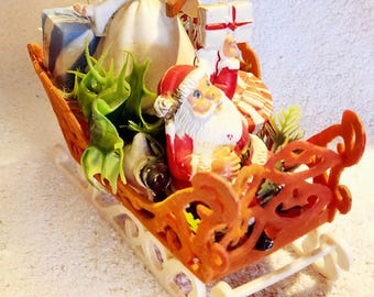 Vintage Kitschy Christmas Plastic Santa Claus with Flocked Sleigh Plastic Angel Snowman & Presents
