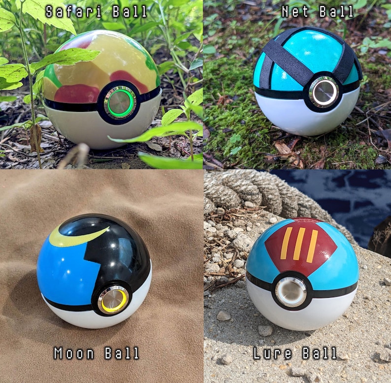 May include: Four different Poke Balls from the Pokemon video game series. The balls are Safari Ball, Net Ball, Moon Ball, and Lure Ball. Each ball has a unique design and color scheme.