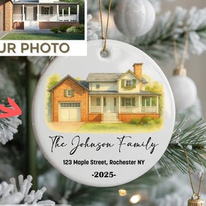 Ornamento fotografico personalizzato per la nuova casa con acquerello, ornamento natalizio con foto personalizzata, ornamento per la nuova casa, ornamento ricordo per la casa con nome di famiglia