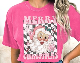 Pink Santa Hat Comfort Colors® Shirt, Vintage Santa Shirt, Retro Pink Santa Shirt, Classic Christmas, Pink Christmas, Holiday Clothing Women