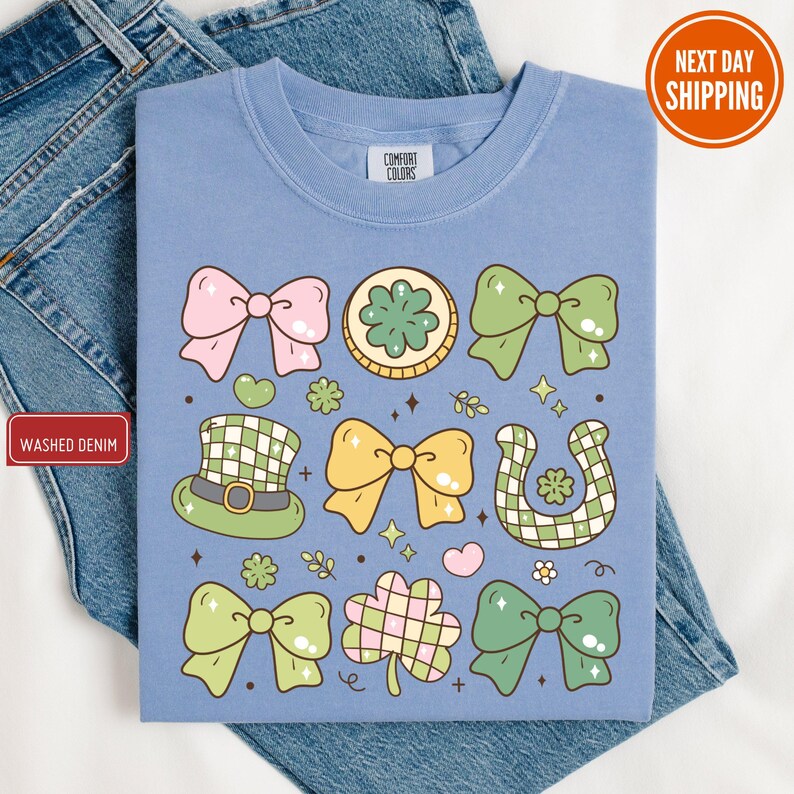 a t - shirt with a picture of a bow tie and shamrocks on it