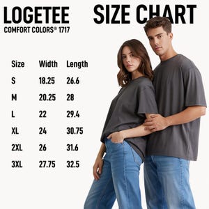 a man and a woman standing next to each other, posing for a size chart.