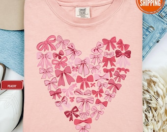 Comfort Colors® Coquette Bow Valentine's Day Shirt, Pink Bow Heart Valentine T-Shirt, Pink Bow Valentines Day Tee, Gift for Girlfriend