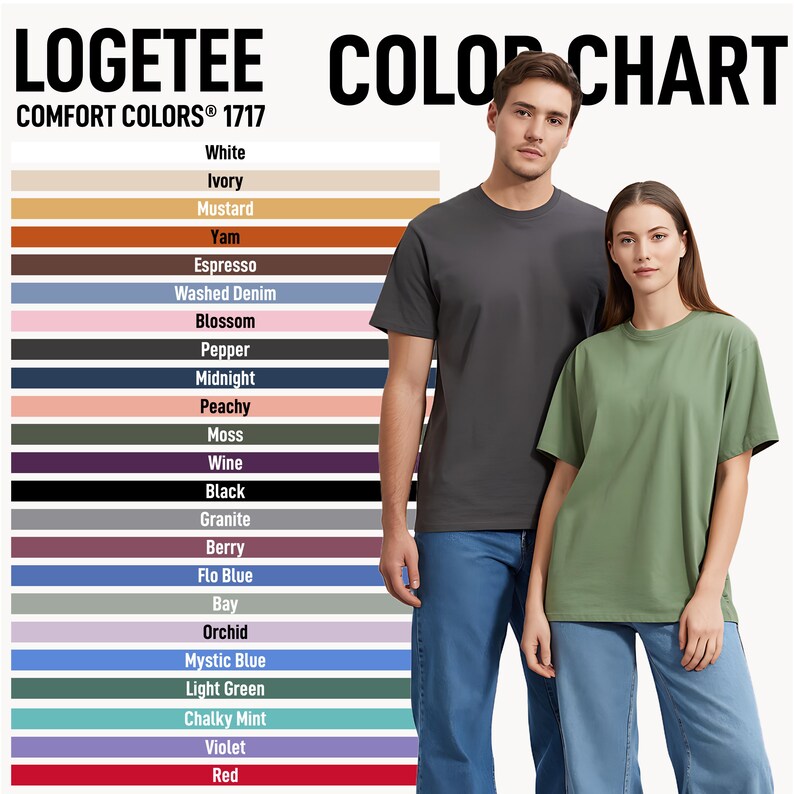 a man and a woman standing next to each other, with a color chart displayed behind them. The chart lists various colors, including white, beige, mustard, and more, along with their corresponding names. The colors are organized in a vertical format, with each color listed on a separate line. The man and woman are standing in front of this chart, which provides a visual representation of the different colors and their names.