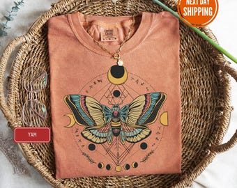 Luna Moth Comfort Colors® Cotton T-Shirt, Wildflower Celestial Cottagecore Shirt, Mystical Moon Phase Top, Witchy Cute Boho Flower Tee