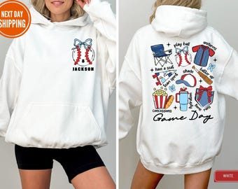 Personalized Baseball Mama Sweatshirt, Baseball Mom Sweatshirt with Kid Name Number, Game Day Mom Hoodie, Coquette Baseball Mom Sweatshirt