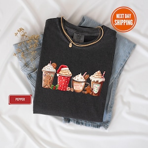 Comfort Colors® Gingerbread Christmas Coffee Shirt, Women Holiday T-Shirts, Xmas Tee, Coffee Lover Gift, Latte Drink Crewneck Shirts