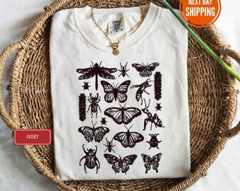 Comfort Colors® Vintage Butterfly and Moth T Shirt, Nature Lover Tee, Boho Clothing, Cottagecore Aesthetic Top, Art Shirt, Gift For Her