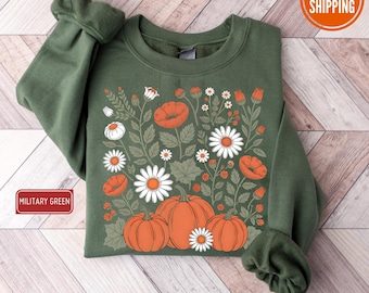 Pumpkin Floral Sweatshirt, Vintage Fall Flowers Hoodie, Retro Thanksgiving Autumn Cozy Sweatshirt, Thanksgiving Season Gifts