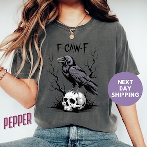 Comfort Colors® Raven Skull T-Shirt, Dark Humor Tee, Crow Gothic Shirt, Bird on Skull Graphic, Emo Tee, Goth T-Shirt, Halloween Shirt