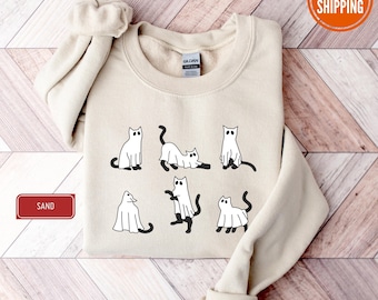 Moletom de Halloween com Gato, Moletom de Gato Preto Fantasma, Moletom de Halloween para Mães de Gatos, Moletom com Capuz de Gato Estiloso para o Halloween, Gato Assustador, Presente de Halloween para Amantes de Gatos
