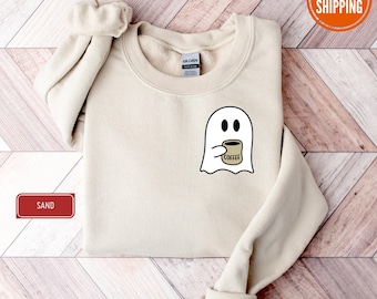 Cute Spooky Coffee Sweatshirt, Womens Ghost Sweatshirt, Spooky Season, Fall Coffee Lover Hoodie, Halloween Party Sweat, Fall Graphic Sweat