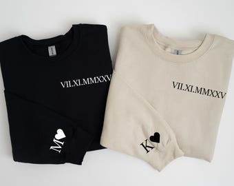 Custom Roman Numeral Hoodie, Personalized Matching Valentine Sweatshirt, Customized Date And Initial Outfit On Sleeve, Valentines Day Gift