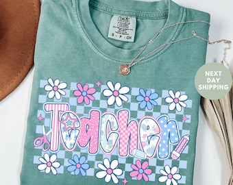 Comfort Colors® Retro Teacher T-Shirt, Checkered Teacher Tee, Teacher Appreciation Shirt, Trendy Teacher Gift, Back to School Shirt