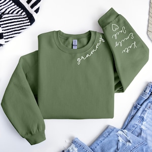 Custom Grandma Sweatshirt With Grandkid Name On Sleeve, Personalized Grammy Sweatshirt, Minimalist Grandma Hoodie, Mother&#39;s Day Gifts