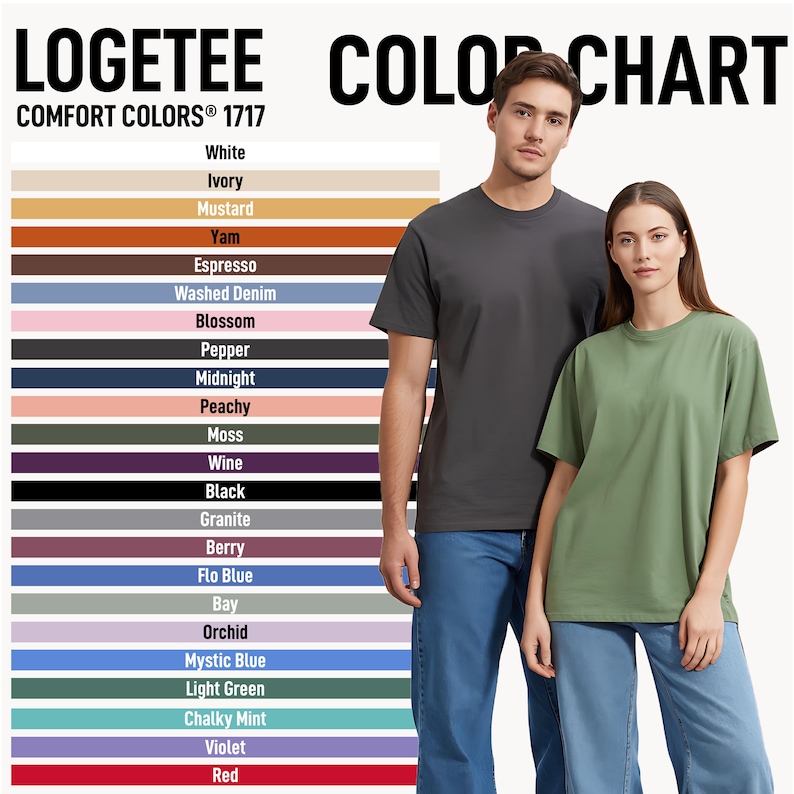 a man and a woman standing next to each other, with a color chart displayed behind them. The chart lists various colors, including white, beige, mustard, and more, along with their corresponding names. The colors are organized in a vertical format, with each color listed on a separate line. The man and woman are standing in front of this chart, which provides a visual representation of the different colors and their names.