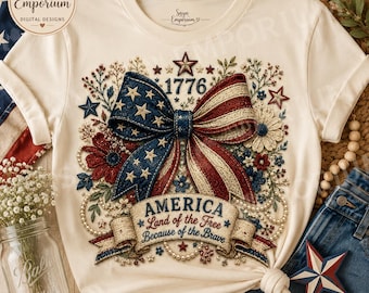 Patriotic Bow PNG, Faux Embroidery 4th of July Coquette Design