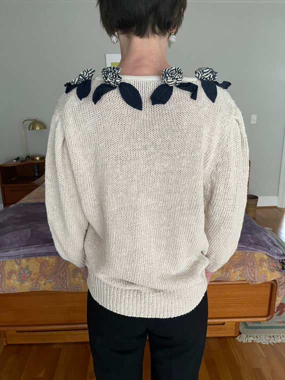 Cream Cotton Sweater with Blue flower detailing s… - image 6