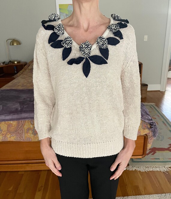 Cream Cotton Sweater with Blue flower detailing s… - image 8