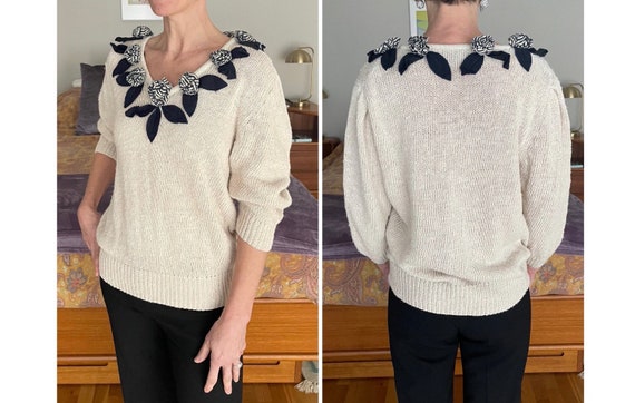 Cream Cotton Sweater with Blue flower detailing s… - image 1