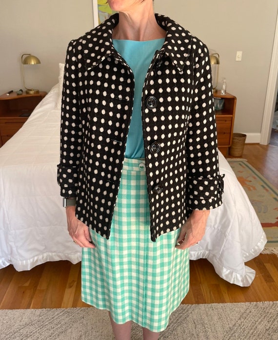 Black with white polka dots mod wool coat Size S … - image 4