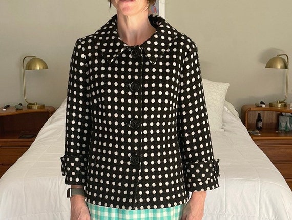 Black with white polka dots mod wool coat Size S … - image 2