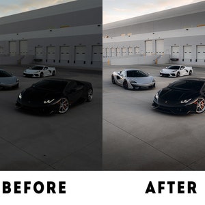 May include: A side-by-side comparison of a photo before and after editing. The before image shows three sports cars in a car park with a dark, grainy appearance. The after image shows the same three cars with enhanced lighting and clarity.
