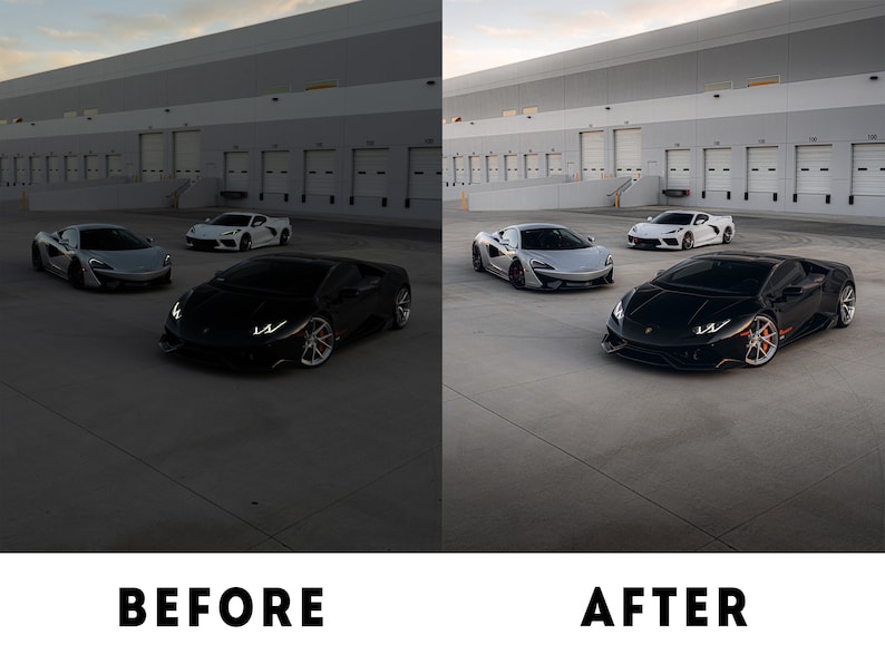 May include: A side-by-side comparison of a photo before and after editing. The before image shows three sports cars in a car park with a dark, grainy appearance. The after image shows the same three cars with enhanced lighting and clarity.
