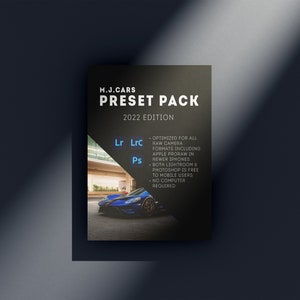 May include: A black and white graphic with the text "M.J. CARS PRESET PACK 2022 EDITION" in white. The graphic also includes the text "Lr LrC Ps" in blue and a blue sports car in the background.
