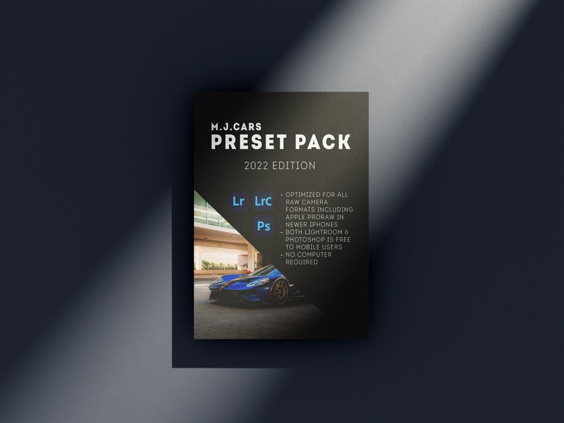 May include: A black and white graphic with the text "M.J. CARS PRESET PACK 2022 EDITION" in white. The graphic also includes the text "Lr LrC Ps" in blue and a blue sports car in the background.
