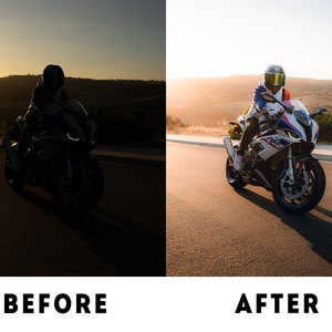 May include: A white and blue motorcycle with a rider wearing a black and white helmet and a black and white jacket. The motorcycle is on a paved road with a sunset in the background.