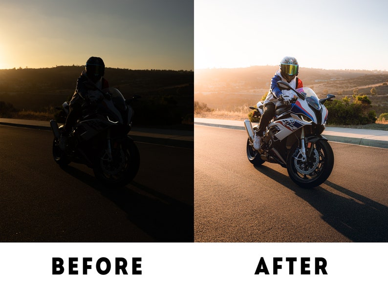 May include: A white and blue motorcycle with a rider wearing a black and white helmet and a black and white jacket. The motorcycle is on a paved road with a sunset in the background.