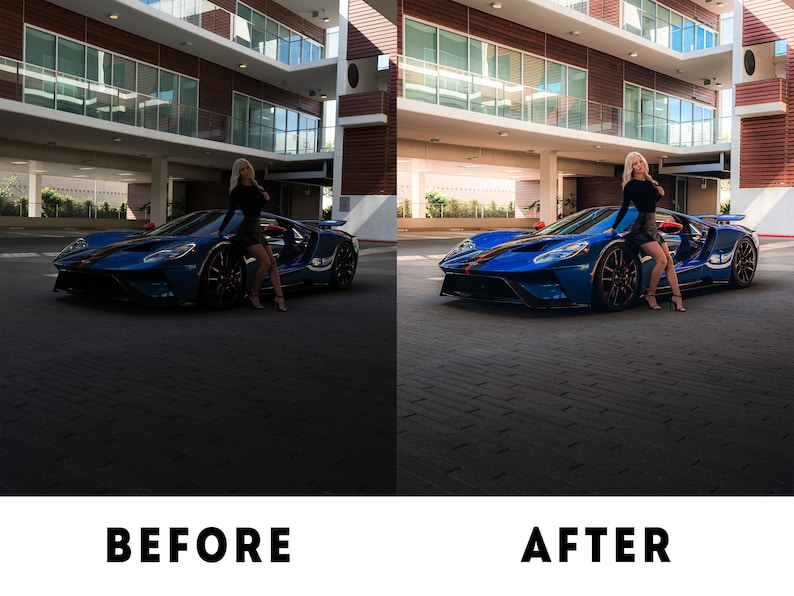May include: A blue Ford GT sports car parked in a garage with a person standing next to it. The car has red and white stripes on the side. The person is wearing a black top and skirt.