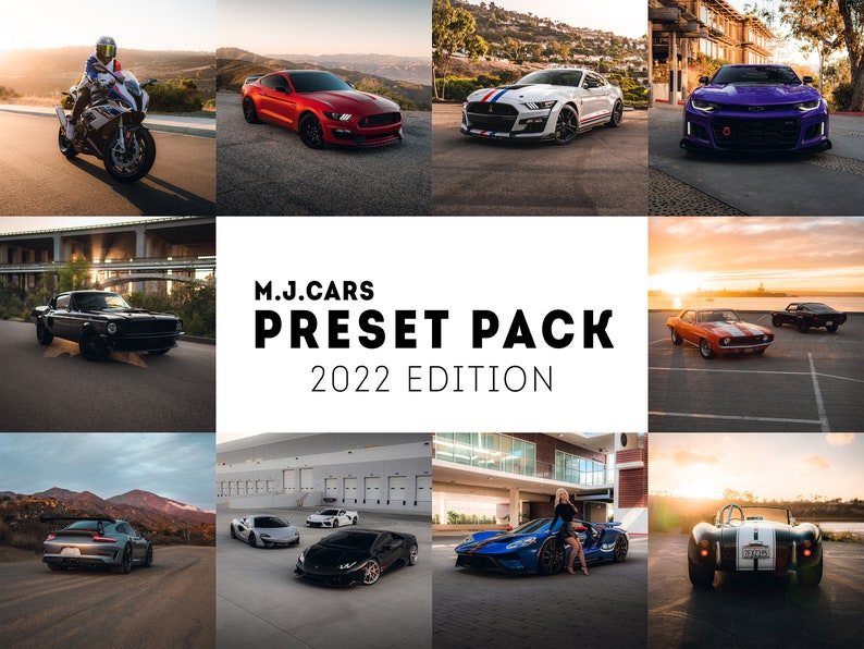 May include: A collage of images featuring various car models, including a red Ford Mustang, a white Ford Mustang, a purple Chevrolet Camaro, a black Chevrolet Camaro, a silver Porsche 911, a blue Ford GT, a black Lamborghini, a silver Porsche 911, and a black Cobra. The text "M.J. CARS PRESET PACK 2022 EDITION" is displayed in the centre of the collage.