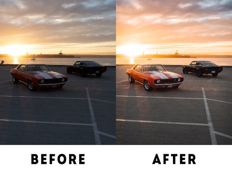 May include: Two classic American muscle cars parked in a car park at sunset. The car in the foreground is a bright orange Camaro with a white stripe. The car in the background is a black Mustang.