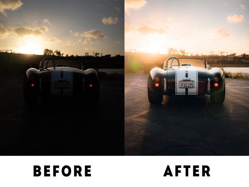 May include: A black vintage car with a white stripe down the centre is parked on a tarmac road. The car has a number plate that reads "7FXZ395". The sun is setting in the background, casting a warm glow on the scene.