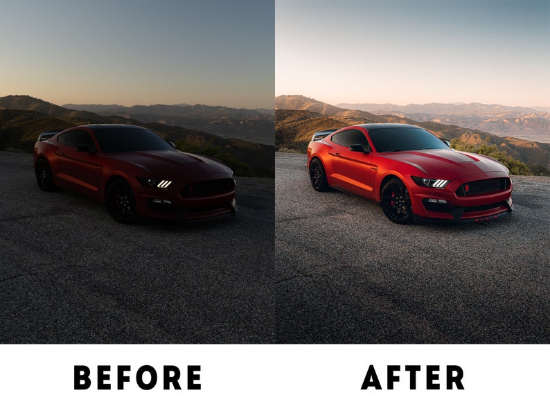May include: A red Ford Mustang sports car parked on a tarmac road with a mountain range in the background. The car is facing the camera and the sun is setting in the distance.
