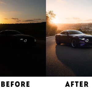 May include: A dark purple Ford Mustang with white LED headlights driving on a paved road at sunset. The car is in focus, while the background is blurred.