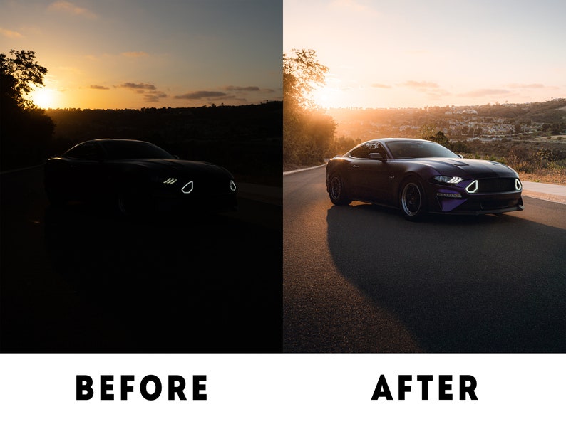 May include: A dark purple Ford Mustang with white LED headlights driving on a paved road at sunset. The car is in focus, while the background is blurred.