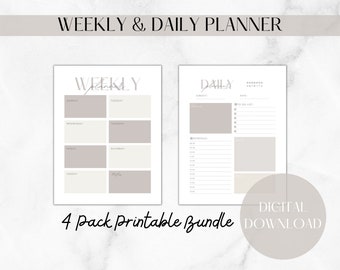 May include: A printable 4-pack bundle of weekly and daily planners. The weekly planner has a grid for each day of the week. The daily planner has a section for to-do lists, a schedule, and notes. The text "DIGITAL DOWNLOAD" is in a circle at the bottom of the image.