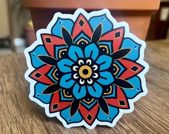 Flower Mandala Matte Vinyl Sticker, Laptop and Kindle Decals, Car Stickers, Water Bottle Decal, Colorful Linework Art, Mandalas and Flowers