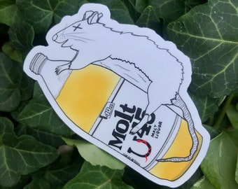 May include: A white rat with a red cross on its head is perched on top of a yellow beer bottle with the text "Malt Liquor" and "40 oz" printed on it. The rat's tail wraps around the bottle.