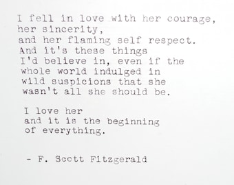 F. Scott Fitzgerald Love Quote, Handtyped with antique typewriter on 4x6 Handmade Paper