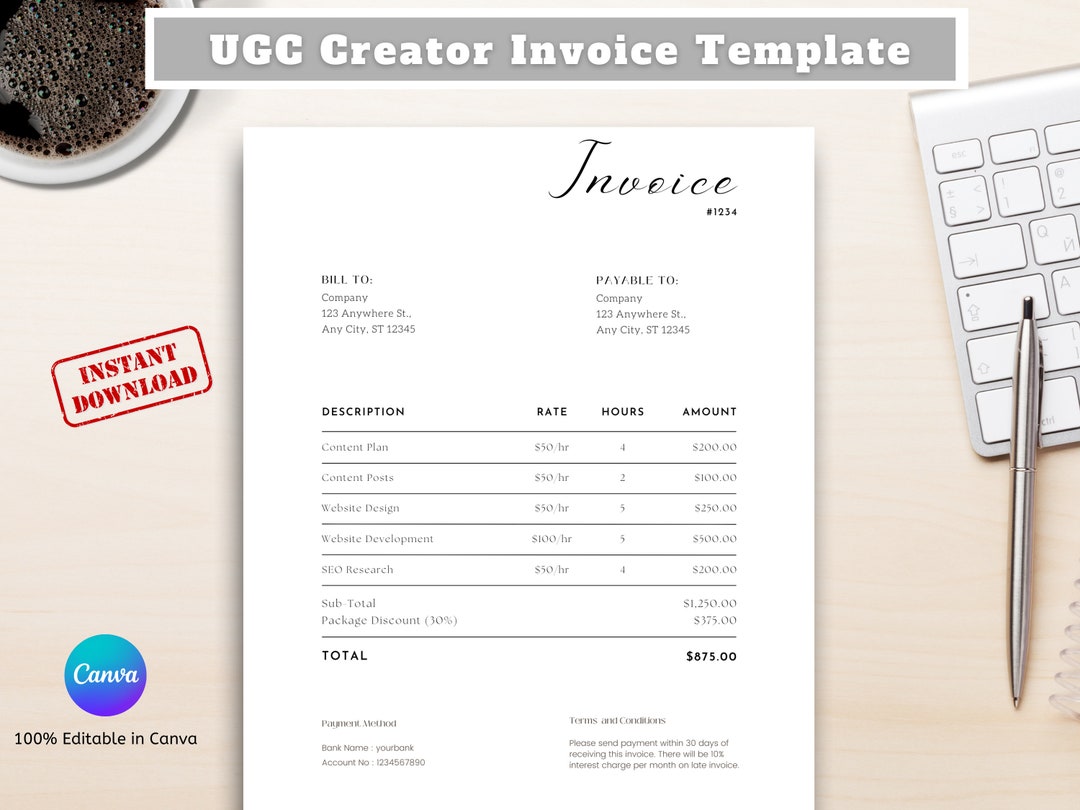 Invoice for Influencer, Invoice Template, UGC Creator, UGC, Invoice for ...