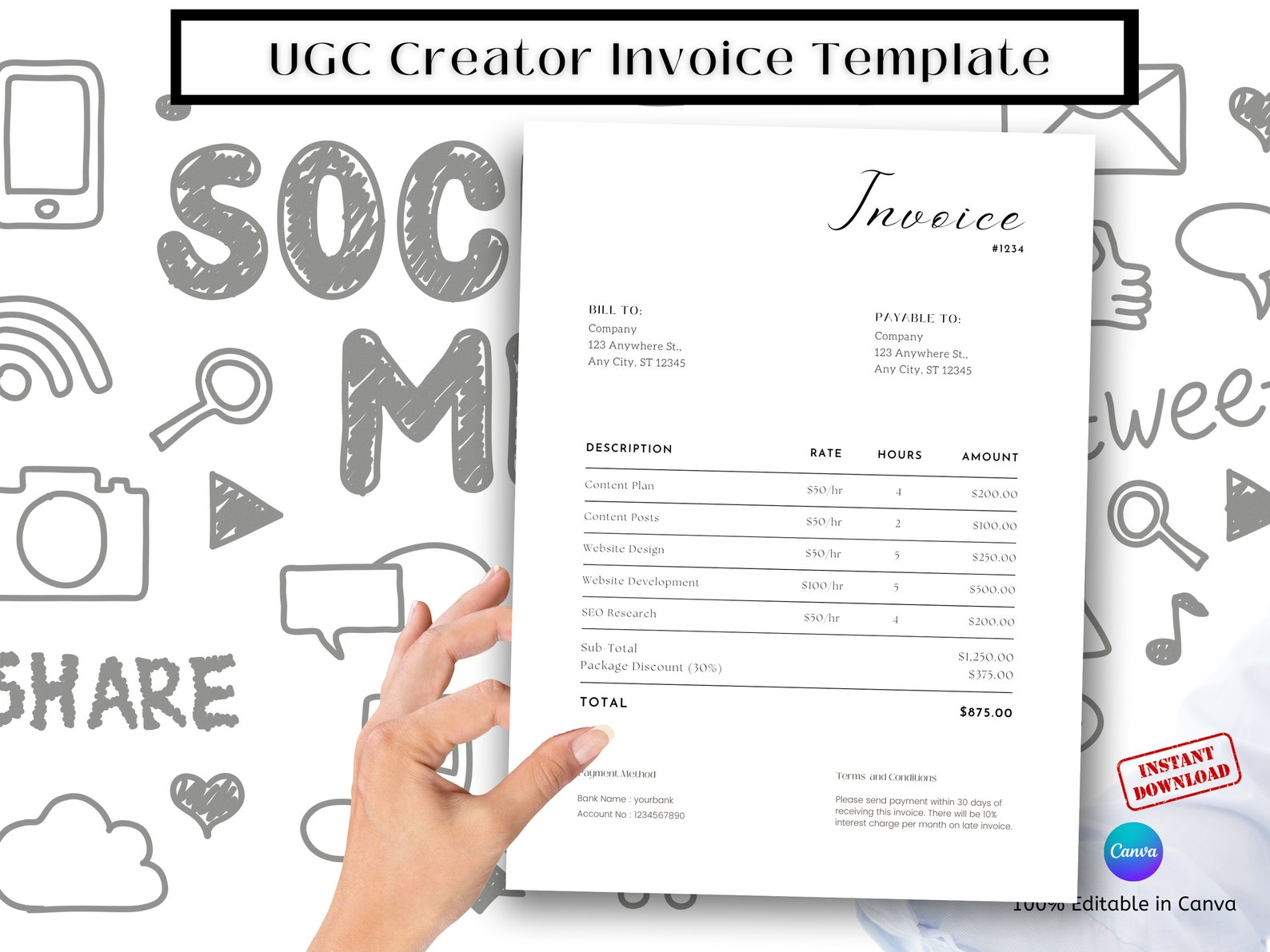 Invoice for Influencer, Invoice Template, UGC Creator, UGC, Invoice for