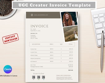 Facture pour influenceur, modèle de facture, UGC Creator, UGC, facture pour petite entreprise, canva de modèle de facture, facture UGC, modèle de facture