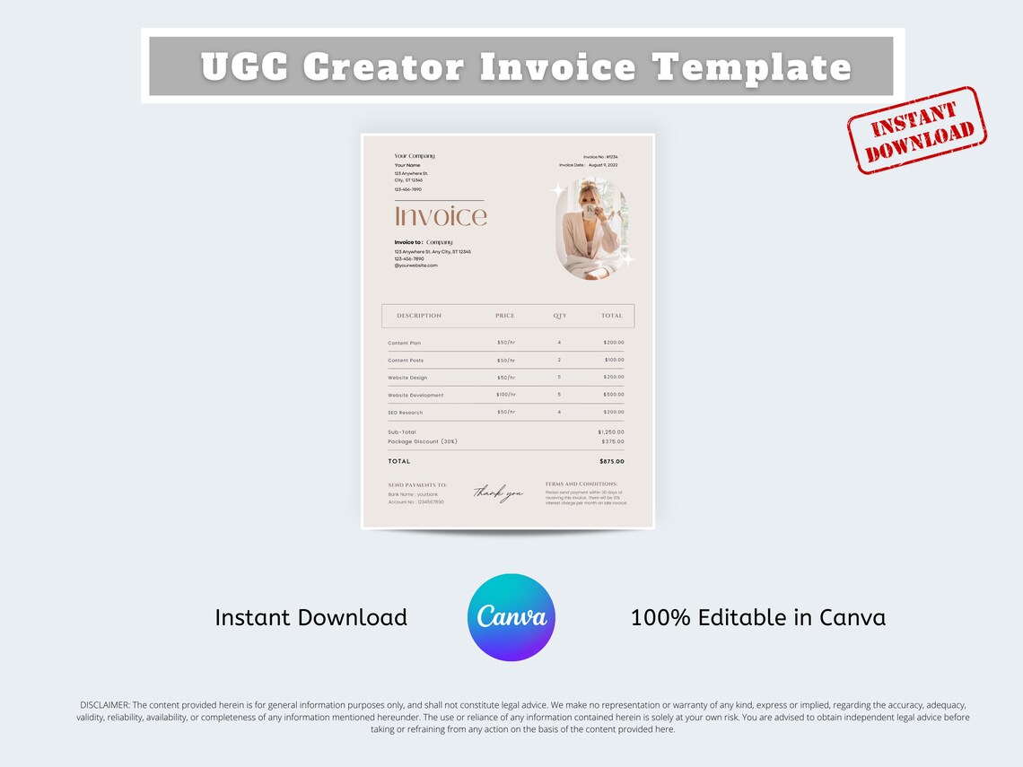 Invoice for Influencer, Invoice Template, UGC Creator, UGC, Invoice for ...